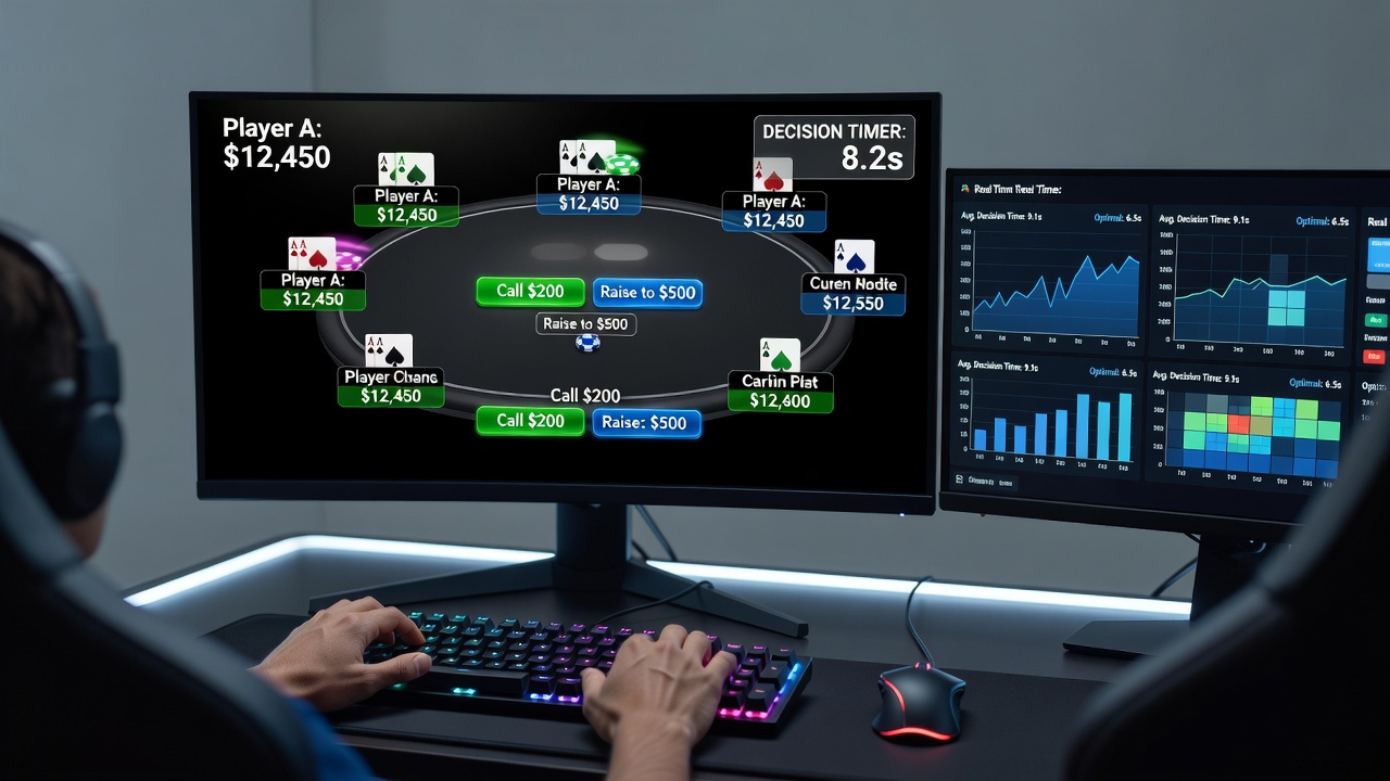 Close-up view of poker app interface demonstrating color-coded decision buttons and card animation sequences on a mobile device